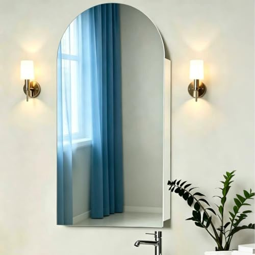 Ymahizax Bathroom Mirror Cabinet, Mirrored Bathroom Storage, Wooden Single Door Wall Mounted Cabinet with HD Arched Mirror, 80x40x15cm
