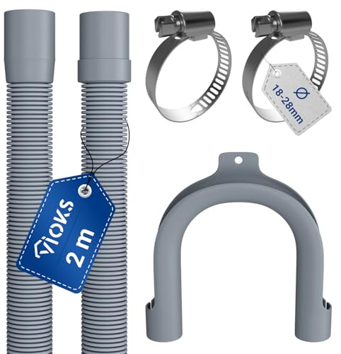 VIOKS Set flexibel avloppsslang tvättmaskin 2 meter 19/22 mm Ø 2 x slangklämmor rostfritt stål 18–28 mm Ø – dräneringsslang tvättmaskin avloppsslang diskmaskin med slangklämmor set