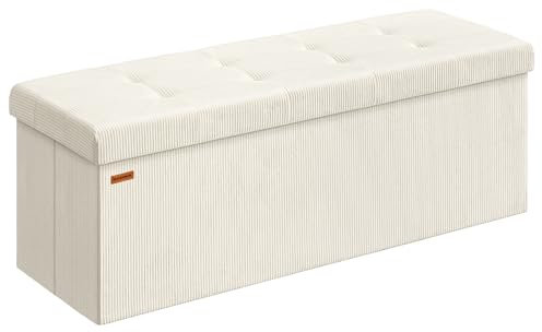 SONGMICS Sitzbank mit Stauraum, klappbare Fußbank, 38 x 110 x 38 cm, Bettbank, Aufbewahrungsbox, bis 300 kg belastbar, Wohnzimmer, Schlafzimmer, Eingangsbereich, cremeweiß LSF604W01