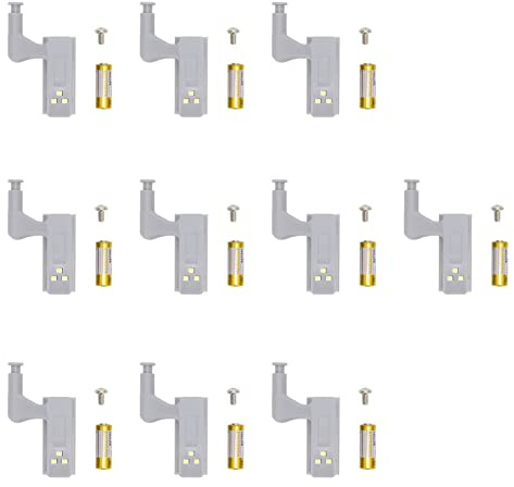 Wakects 10-pack Skåpbelysning, Gångjärnsbelysning LED- 3 Lysdioder Hög Ljusstyrka ABS med 12V 23A Batteri Till Garderob/skåp (Vitt ljus + batteri)