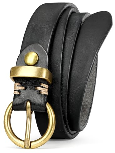 VONMELLI Cintura in pelle da donna in vero cuoio per jeans, stile vintage, cintura sottile da donna con fibbia dorata, cintura da donna slim, Nero , Passend für Taillenumfang 108-122cm