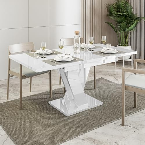 White Extendable Dining Table, 4-6 Seater, 120-160cm, High Gloss, MASIV | 4ft Modern Dining Table, Seats 4-6 People, Table Only – No Chairs, Kitchen Table, High Gloss Effect, Space-Saving Design