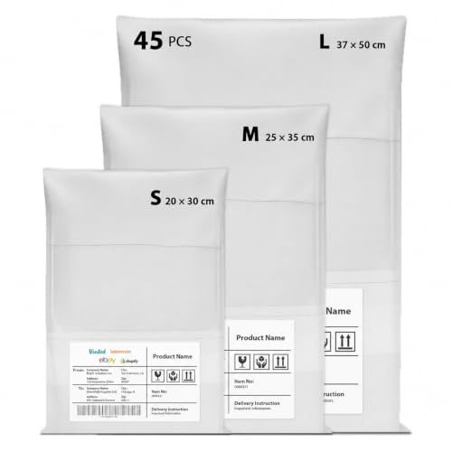 Enveloppes Plastiques d’Expédition avec Pochette Intégrée – Lot de 45 Sachets Vinted, 3 Tailles – Emballage Colis Résistant en Polyéthylène, Fermeture Auto-Adhésive – Blanc 2