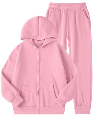 Tuta da ginnastica per bambini, da jogging, da ragazza, con fodera in pile, per bambini, comoda, calda, maglione, tuta da allenamento, casual, Rosa chiaro., 14 anni