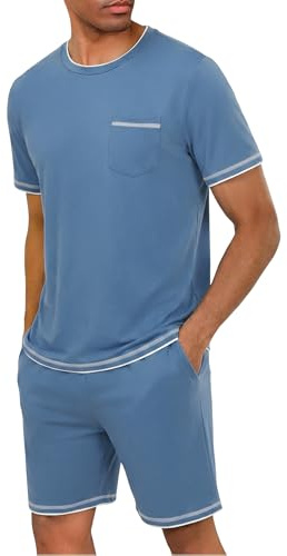 Demegimi Ensemble Pyjama Court Homme Coton pour l Été Haut à Manches Courtes Col Rond et Short Assortis Léger et Confortable