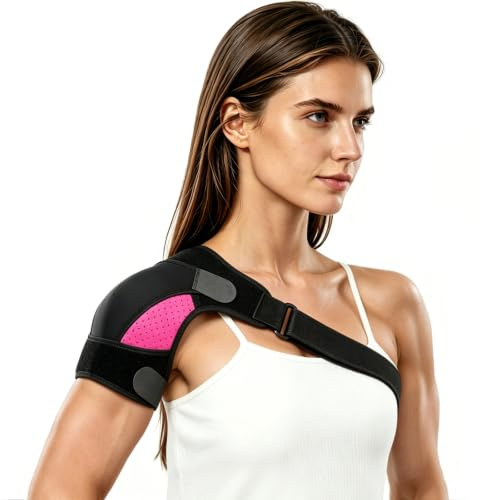 Fefod Hombrera Ajustable para Hombre y Mujer, Soporte para el Hombro con Bolsillos para Compresas Frías y Calientes, Hombreras Deportivas Transpirable, para Alivio del Dolor Hombro, Tendinitis（Fucsia）