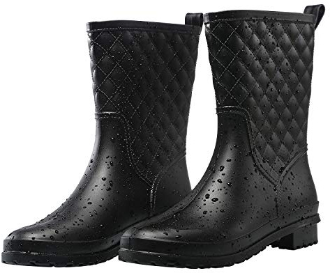 Petrass Women Rain Boots Black Waterproof Mid Calf Lightweight Cute Booties Fashion Out Work Comfortable Garden Shoes, Black 8