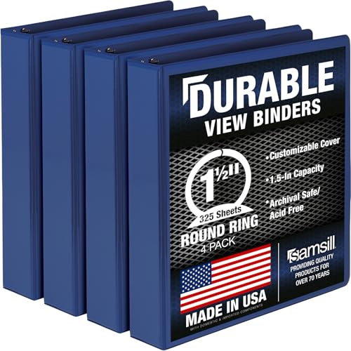 Samsill 4 Pack Durable 1.5 Inch 3 Ring Binders, Round Ring, Clear View Cover for Presentations, Blue