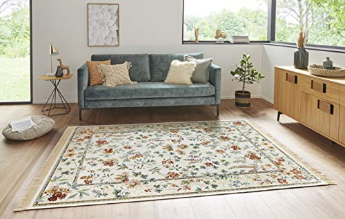 Nouristan Naveh Orient Teppich – Wohnzimmerteppich Orientalisch Kurzflor mit Fransen Vintage Orientalischer Samt-Teppich für Esszimmer, Wohnzimmer, Schlafzimmer – Creme, 160x230cm