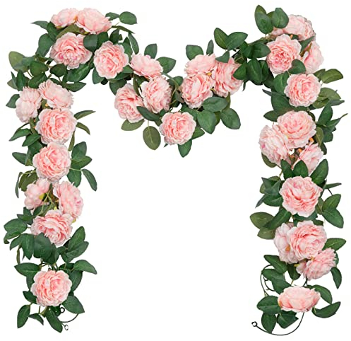 SHACOS 3 Stück (6,0 m) Rosengirlande Rosa Blumengirlande Künstlich Kunstblumen Rose Girlande Vintage Pfingstrosen Girlande Seidenblumen Hängend Rebe für Hochzeit, Party, Garten, Dekor, Weihnachten