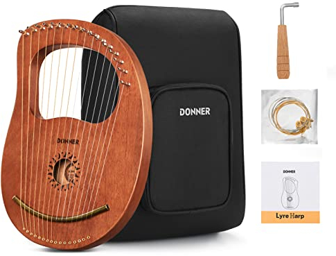 Donner Lyre Harfe Mahagoni 16 Metallsaiten Kupfersattel Antiker Griechenland-Stil mit Stimmschlüssel und schwarzer Gigbag, DLH-003