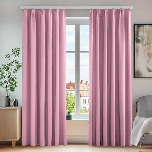 Deconovo Blickdichte Vorhänge mit Kräuselband Gardinen gegen Kälte Winter, 160x140 cm(HöhexBreite), Rosa, 2er Set