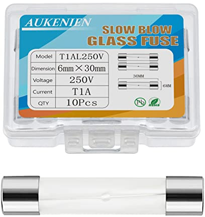 AUKENIEN 6 x 30 mm 1 A 1 Amp 250 V långsam blåsning glassäkringar T1A säkring kristallrör tidsfördröjning kit