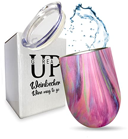 UP GREAT - Taza de vino caliente de acero inoxidable Copa de vino Taza de vino para ir con tapa I Pequeño regalo para Navidad Cumpleaños para mujeres Novia colega I Gadgets de camping Autocaravana