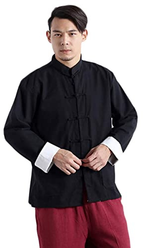 CORETIC Men's Cotton Linen Kung Fu Shirt Chinese Traditional Tang Suit Tai Chi Blouse Long Sleeve Jacket Coats (as1, alpha, xx_l, regular, regular, Black)