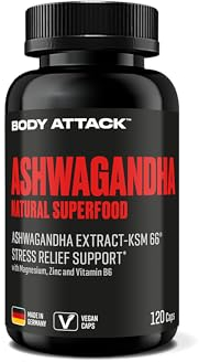 Body Attack Ashwagandha KSM-66® Kapseln, 120 Stk. - indische Schlafbeere - Kapseln mit hochdosiertem Ashwagandha - Made in Germany - mit Magnesium, Zink & Vitamin B6, vegan