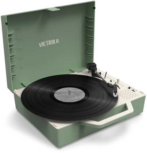 Victrola Re-Spin - Giradischi in vinile sostenibile a 3 velocità (33 1/3, 45 e 78 giri/min), giradischi Bluetooth con cinghia e radiatore per bassi integrato, jack per cuffie da 3,5 mm, verde basilico