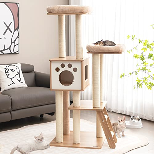 COSTWAY Cat Tree, 157cm/178cm Multi-Level Cats Climbing Tower with Ladder/Massage Arch, Soft Perches, Condo and Scratch Posts, Indoor Kitten Activity Furniture Play House