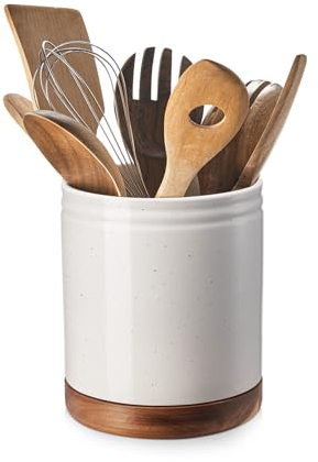 DOWAN Küchenutensilienhalter Drehbar, 360° Utensilienhalter Keramik, Utensilienbehälter Groß für Kochlöffel, Küchenutensilien Aufbewahrung Weiß mit Gesprenkelte Glasur