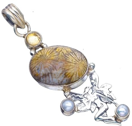 StarGems Natürlich Chrysantheme Jaspis&Fariy.Flussperle Und Citrin Handmade 925 Sterling Silver Anhänger 2 1/8 F6484