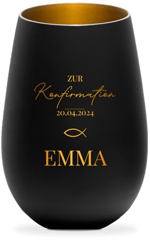 Geschenkfreude Windlicht mit Gravur personalisiert zur Konfirmation - 8,5x6,3x12cm - schwarz/Gold - Geschenke für die Konfirmation - personalisierte Teelichter - Deko mit Namen - Kerzenglas - Fisch