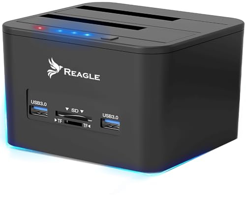 Reagle Dual Bay Docking Station para HDD/SSD, soporte de 32 TB, USB 3.2 Gen 1, lector de tarjetas, clonación offline, compatible con Windows/Mac