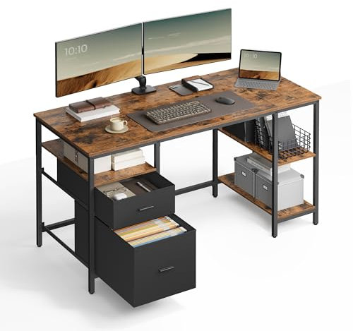 VASAGLE Bureau d’Ordinateur, Table avec Rangement, 3 Étagères, 2 Tiroirs, 60 x 140 x 76 cm, pour Bureau, Salon, Style Industriel, Marron Rustique et Noir Mat LWD104B01