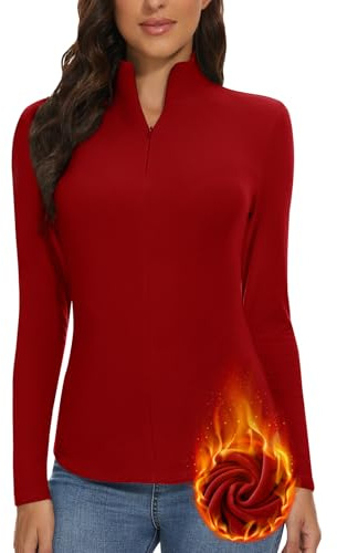 WOWENY Camiseta térmica para Mujer con Cremallera de 1/4 Manga Larga Cuello Alto Forro Polar Cuello Alto Media Cremallera Sudadera cálida