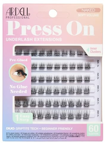 Ardell Press On Pre-Glued Underlash Eyelash Extensions, Naked Soft Volume Cluster Lashes Kit, Beginner-Friendly DIY Lash Extension Kit with Applicator, Assorted Lengths, 60 Lash Clusters