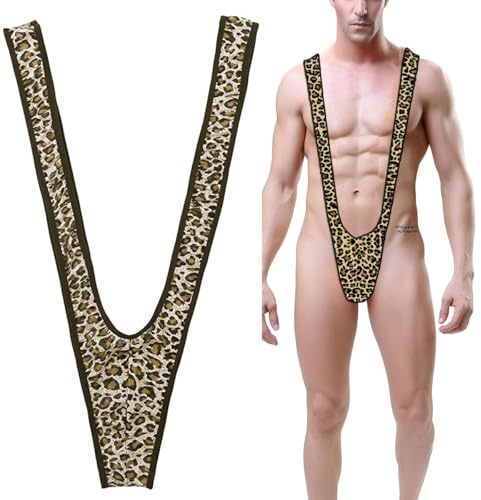 VemeFufu Perizoma Mankini Borat Costume da Bagno Uomo Sexy Suspensorio V Sling per Festa Bikini String Beachkini Spiaggia Natale Halloween, 1 Confezione A. Leopardo