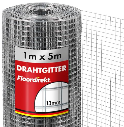 Floordirekt Volierendraht Drahtgitter feinmaschig 100cm hoch x 5m lang Hochbeet 4-Eck Drahtgeflecht, Nagergitter, Vogeldraht, Volierengitter, Gitterdraht, Drahtzaun verzinkt Maschen-Weite 13x13mm