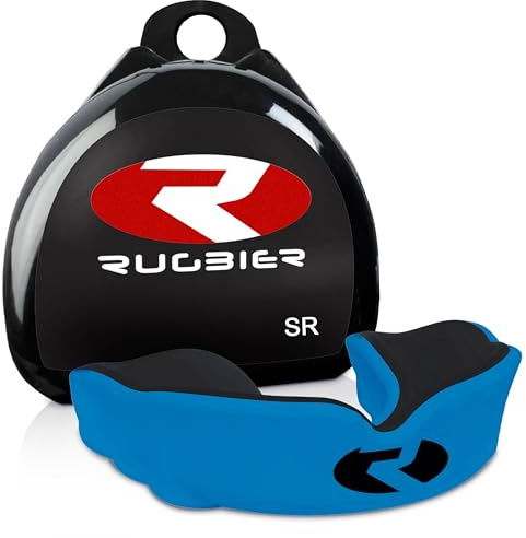 RUGBIER - Protector Bucal Rugby - Dual Gel Termo Moldeable - Talla Adultos y Niños - Unisex - Protección Dental Avanzada (AZUL/NEGRO, SENIOR)