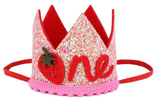 Tinoaly Corona Compleanno 1 Anno, Corona Rosa Glitterata con Bacche per il Primo Compleanno Decorazione per Feste a Tema Fragola Baby Shower