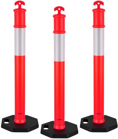 VEVOR 3 Pack Traffic Delineator Posts, 45 inches Traffic Safety Cones with Weighted Base and Reflective Strips, Heavy Duty Delineator Posts for Construction Site, Parking Lot, Crowd Control, Red