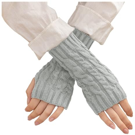 Women Fingerless Gloves Winter Wrist Warmers Thumb Hole Arm Gloves Warmers Ladies Fingerless Glove Mittens Thermal Crochet Knitted Glove for Women UK Warm Short Half Hand Warmer (Light Gray, One Size)