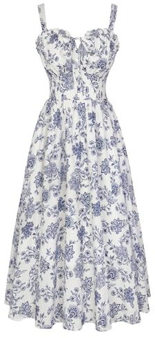 SCARLET DARKNESS Abito estivo da donna, casual, linea ad A, senza maniche, con spalline sottili, floreale, per la spiaggia, Beige Blu Scuro Floreale, M