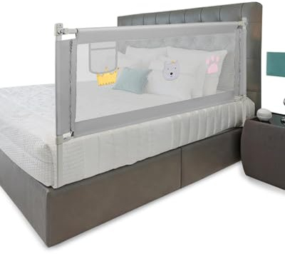 Hebitod Griglia di protezione per letto per bambini, 180 x 70 cm, altezza regolabile 70 – 98 cm, stabile griglia per letto con blocco, rete traspirante, grigio