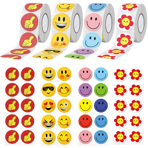 CEJAS 4 rullar 2 000 stycken Smiley-klistermärken, smiley-klistermärken, runda 2,5 cm, belöningsklistermärken, lärare belöningsklistermärken för belöningsklistermärken, presentdekorationer