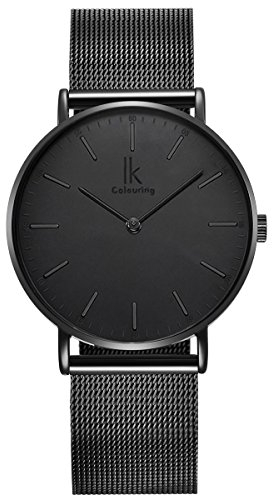 Alienwork IK All Black Armbanduhr Herren Damen Schwarz Metall Mesh Armband Edelstahl Ultra-flach