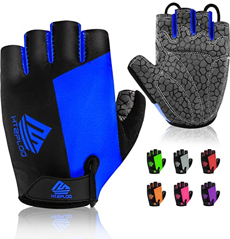 HTZPLOO Bike Gloves for Men Women - Cycling Biking Gloves with Anti-Slip Shock-Absorbing Pad, Light Weight, Nice Fit, Half Finger (Blue, Large)