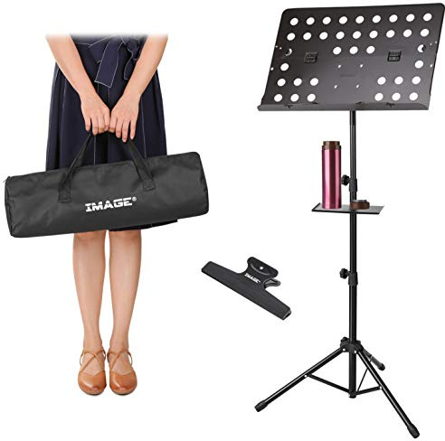 IMAGE 21.6-63 Inch Sheet Music Stand - Adjustable and Foldable Travel Metal Stand With Carrying Bag, Music Tray and Sheet Clip Holder for Instrumental Performance