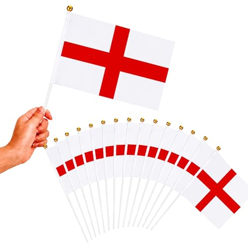 100Pcs England Hand Waving Flags 15 x 21cm with 30cm Pole for FIFA 2026 World Cup – Double Sided St George Cross Hand Flags for Football Matches, Pub Decorations and Street Celebrations