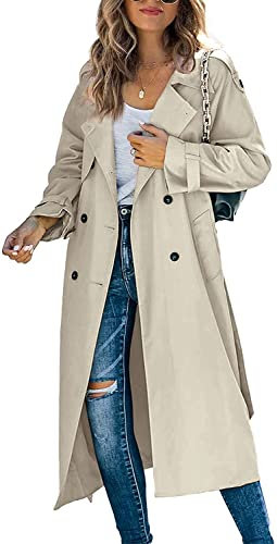 Lässiger langer Trench-Mantel für Damen, winddicht, mit Gürtel, einfarbig, zweireihig, Reverskragen, Windbreaker, Jacke, Frühling, Herbst, S-2XL, khaki, L