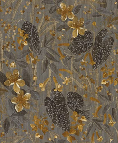 Rasch Tapet 538229 – blommig fibertapet med blad och växter i grått, brunt och guld från Curiosity-kollektionen – 10,05 m x 0,53 m (L x B):