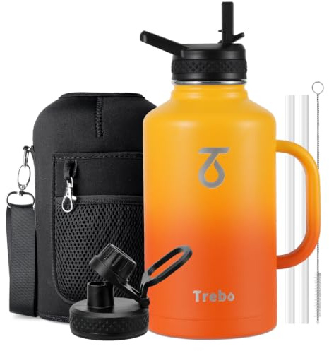 Trebo Insulated Water Bottle 2L, Stainless Steel Water Bottle 2L Metal Bottle 2L with Handle Metal Large Jug Travel Flask with Straw Spout Lid Mug Tumbler Cup with Carry Pouch Keep Cold Hot, Orange