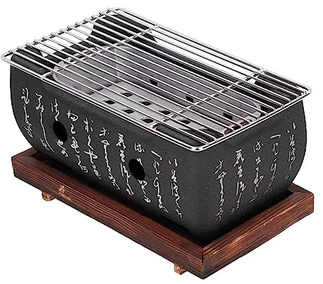 Parrilla de barbacoa de estilo japonés, parrilla de carbón de mesa japonesa de aluminio, parrilla de pie de carbón para barbacoa, parrilla con malla de alambre y base de madera, parrilla japonesa de