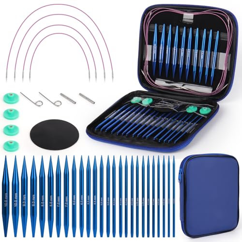 Coopay Auswechselbare Rundstricknadeln Set, 3,0-10,0 mm Rundstricknadeln, 40cm/60cm/80cm/100cm Austauschbare Stricknadeln mit Aufbewahrungstasche, Aluminium Austauschbare Rundstricknadel, Blau