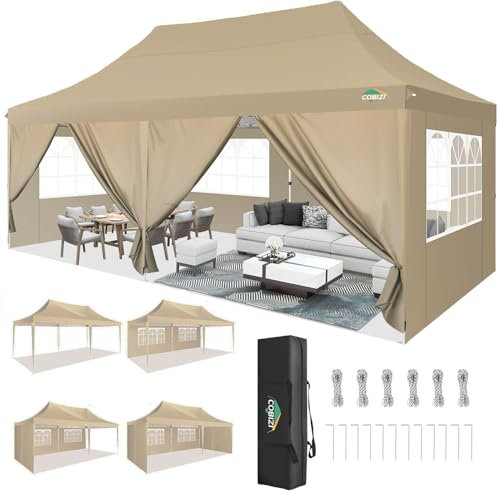 COBIZI Pavillon 3x6m Faltpavillon Wasserdicht Stabil Winterfest Partyzelt Faltbar Pop Up Pavillon mit 6 Seitenwänden UV-Schutz 50+ Gartenpavillon für Strand Hochzeit Camping, Khaki