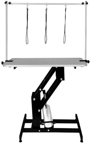Mesa de Aseo Hidráulica Altura Ajustable Capacidad de 180kg Amplia Superficie de Goma 106cm x 61cm Resistente Estructura de Acero 4 Patas Estables Adaptables 3 Lazos para Sujeción [Negro & Gris]