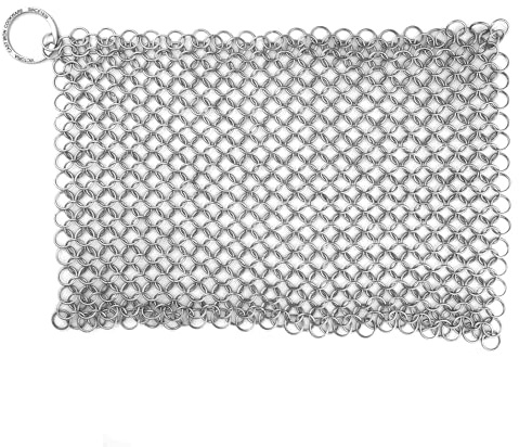 Victoria Limpiador para Hierro Fundido, Estropajo COTA de Malla de Acero Inoxidable, Chainmail Scrubber 20x16,5cm, para Sartén, Wok, Olla, Horno Holandés